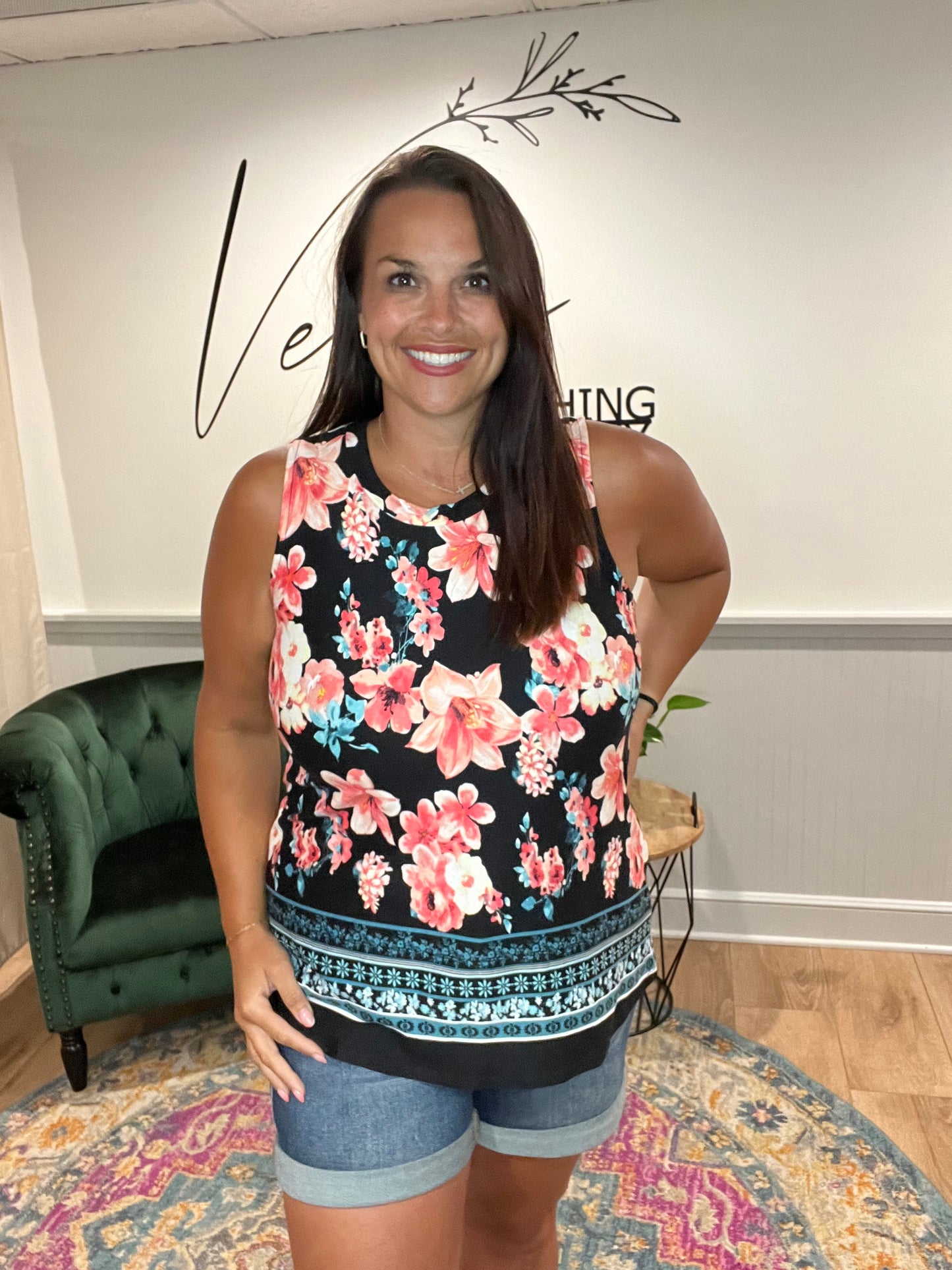 Teal / Coral Floral Tank