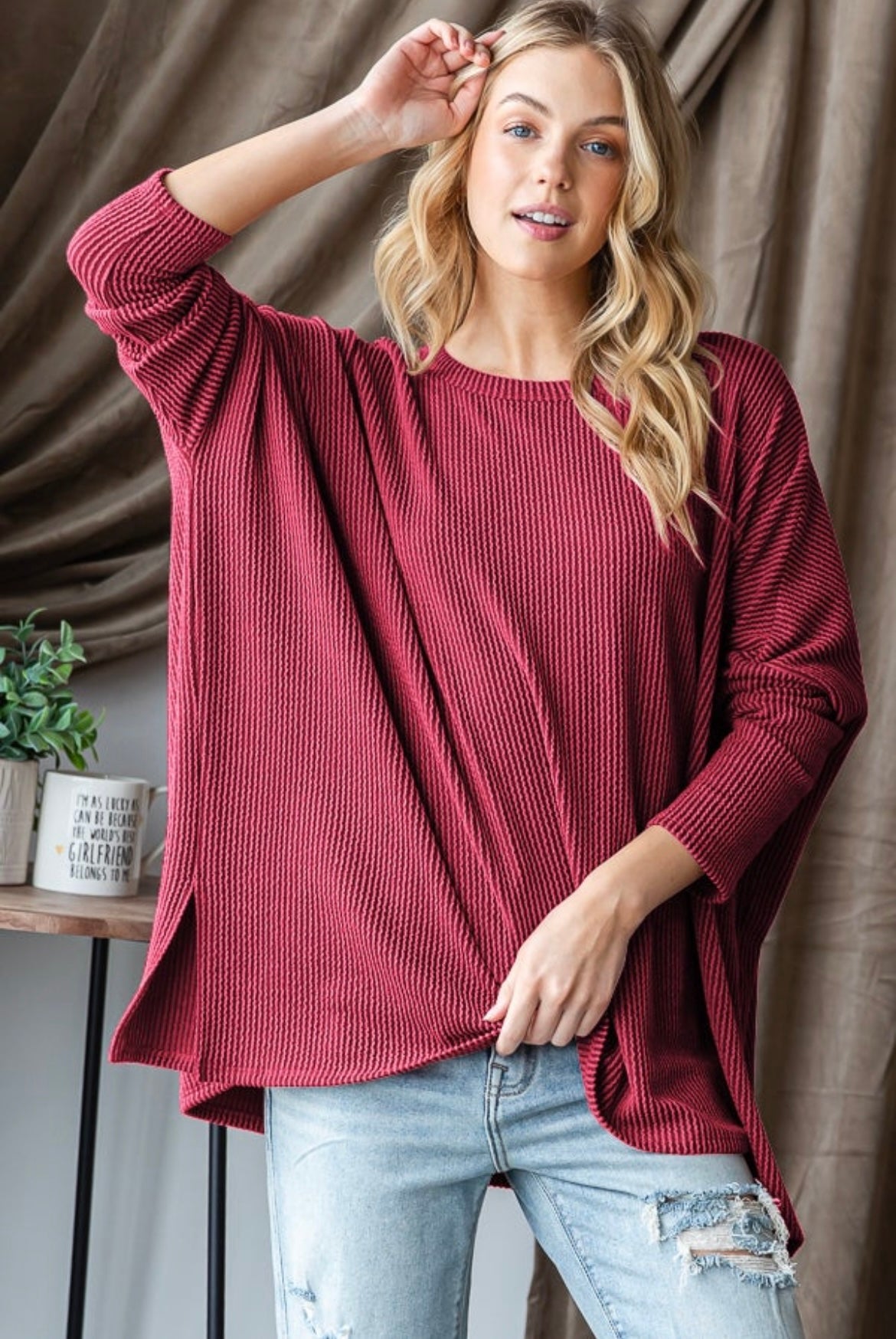 Burgundy Ribbed Oversized Top