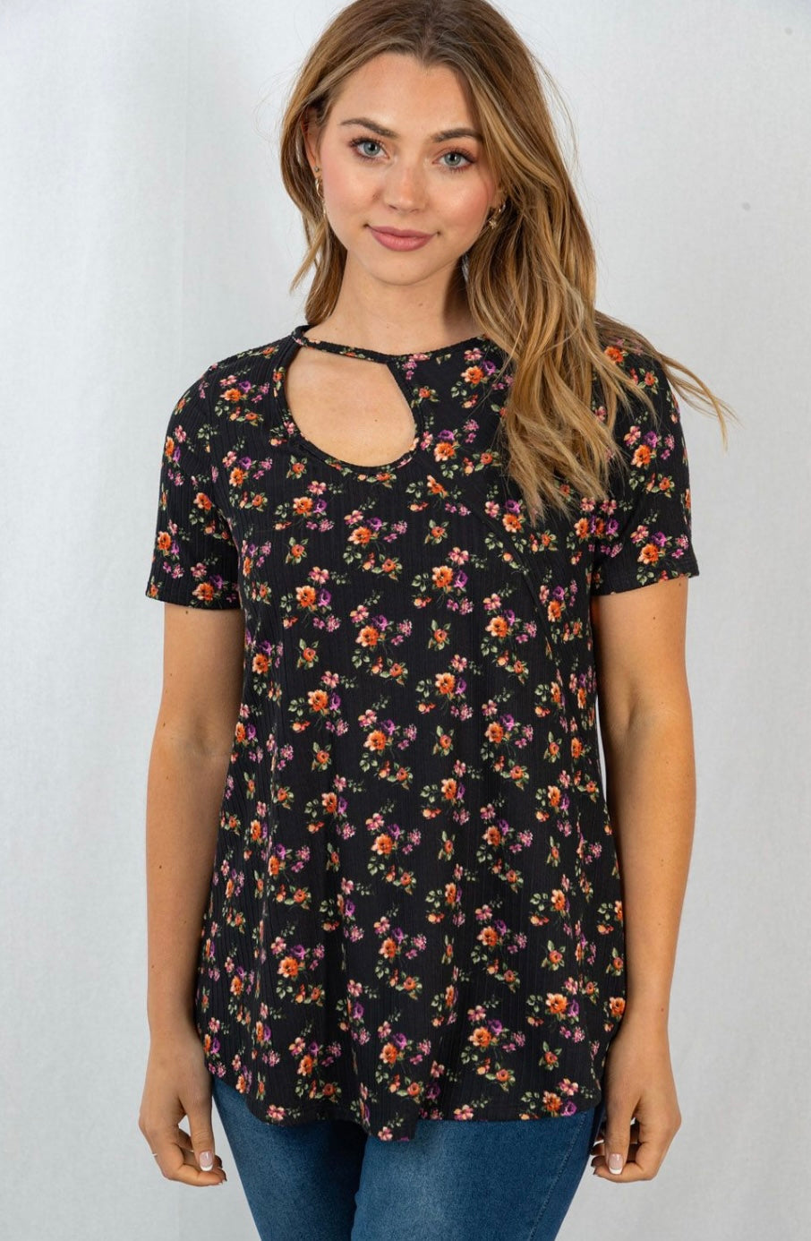 Black Floral Ribbed Cut Out Top