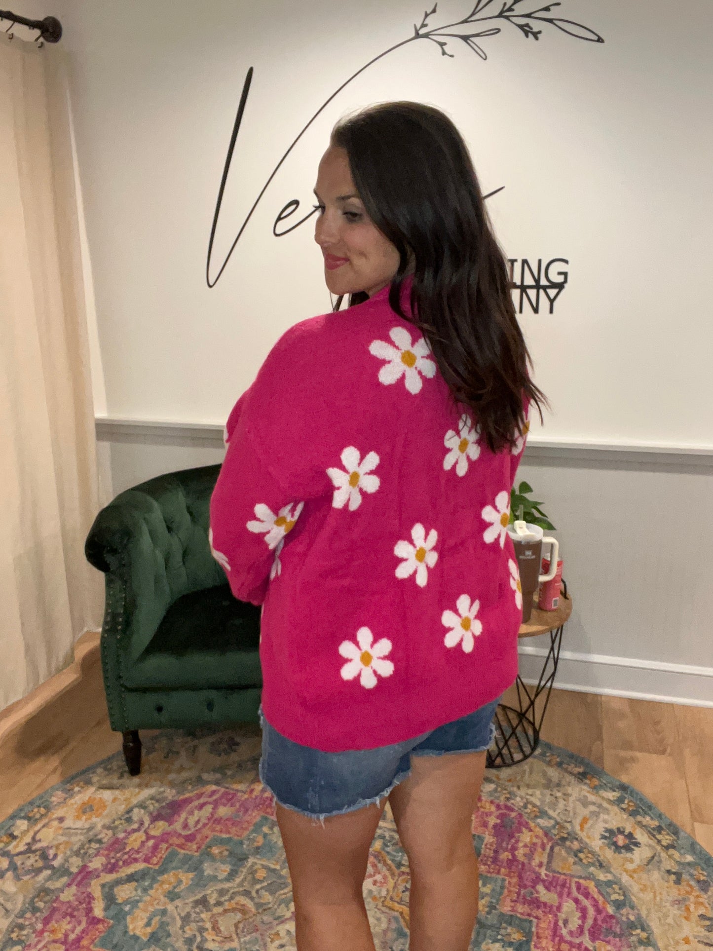 Fuchsia Daisy Button Sweater Cardigan