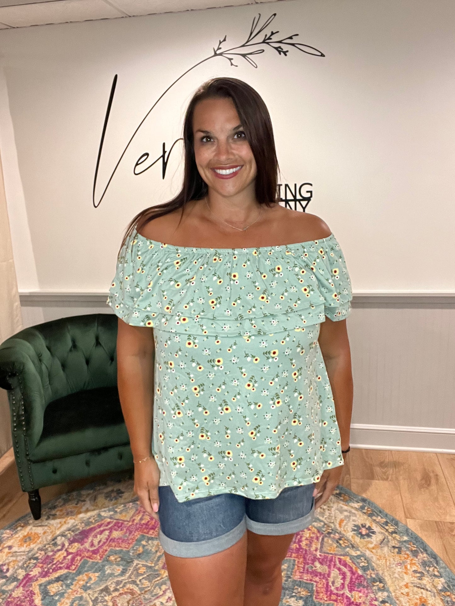 Sage Floral Off Shoulder Top