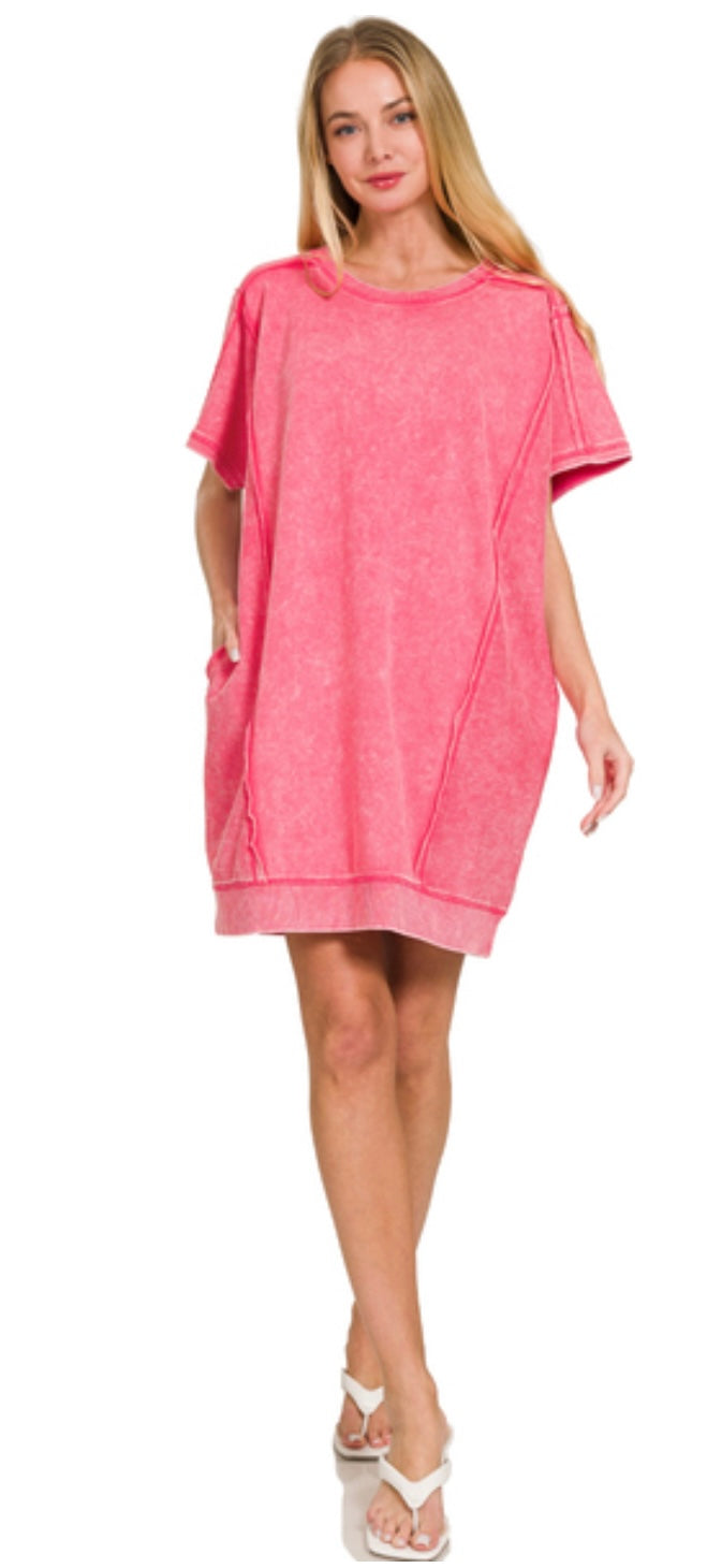 Mineral Washed Short Sleeve Pocket Dress (4 Colors)