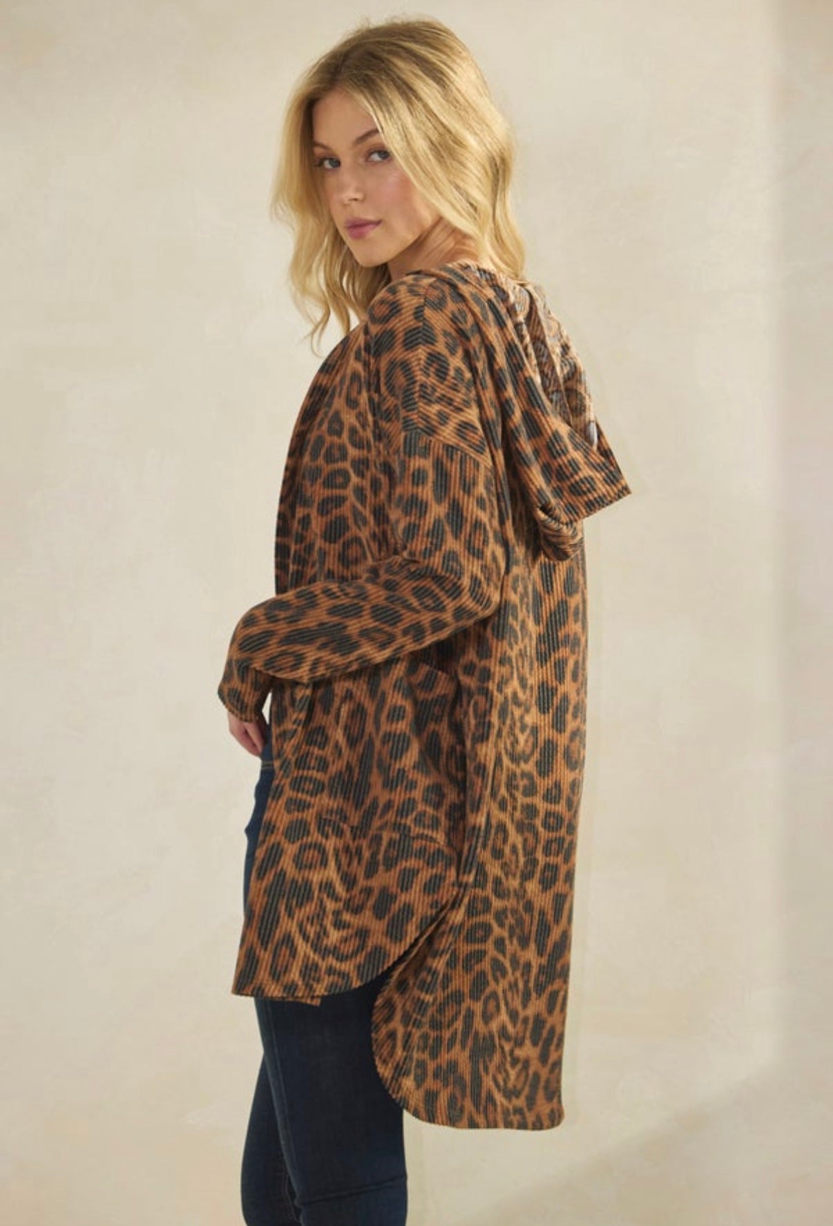 Brown Leopard Ribbed Hooded Cardigan