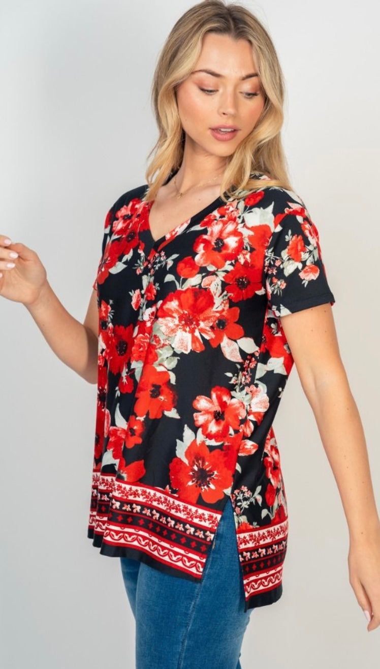 Red Floral V-Neck with Hi-Lo Hem