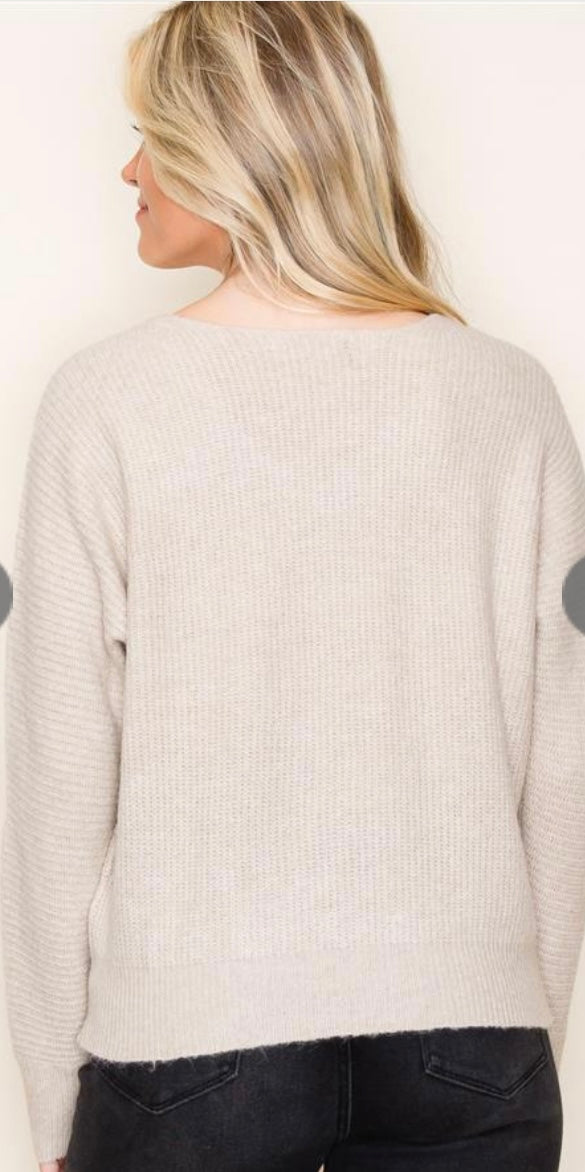 Oatmeal Ribbed V Neck Sweater