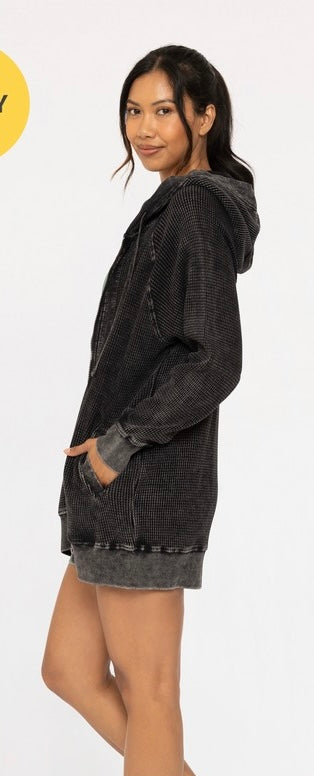 Black Mineral Wash Waffle Knit Zip Up