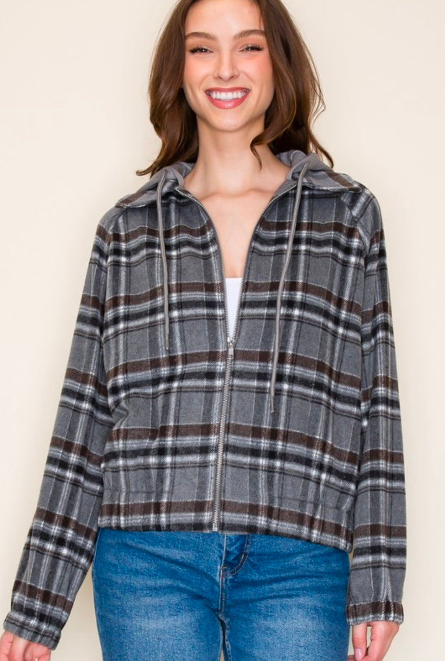 Charcoal Plaid Jacket With Hood