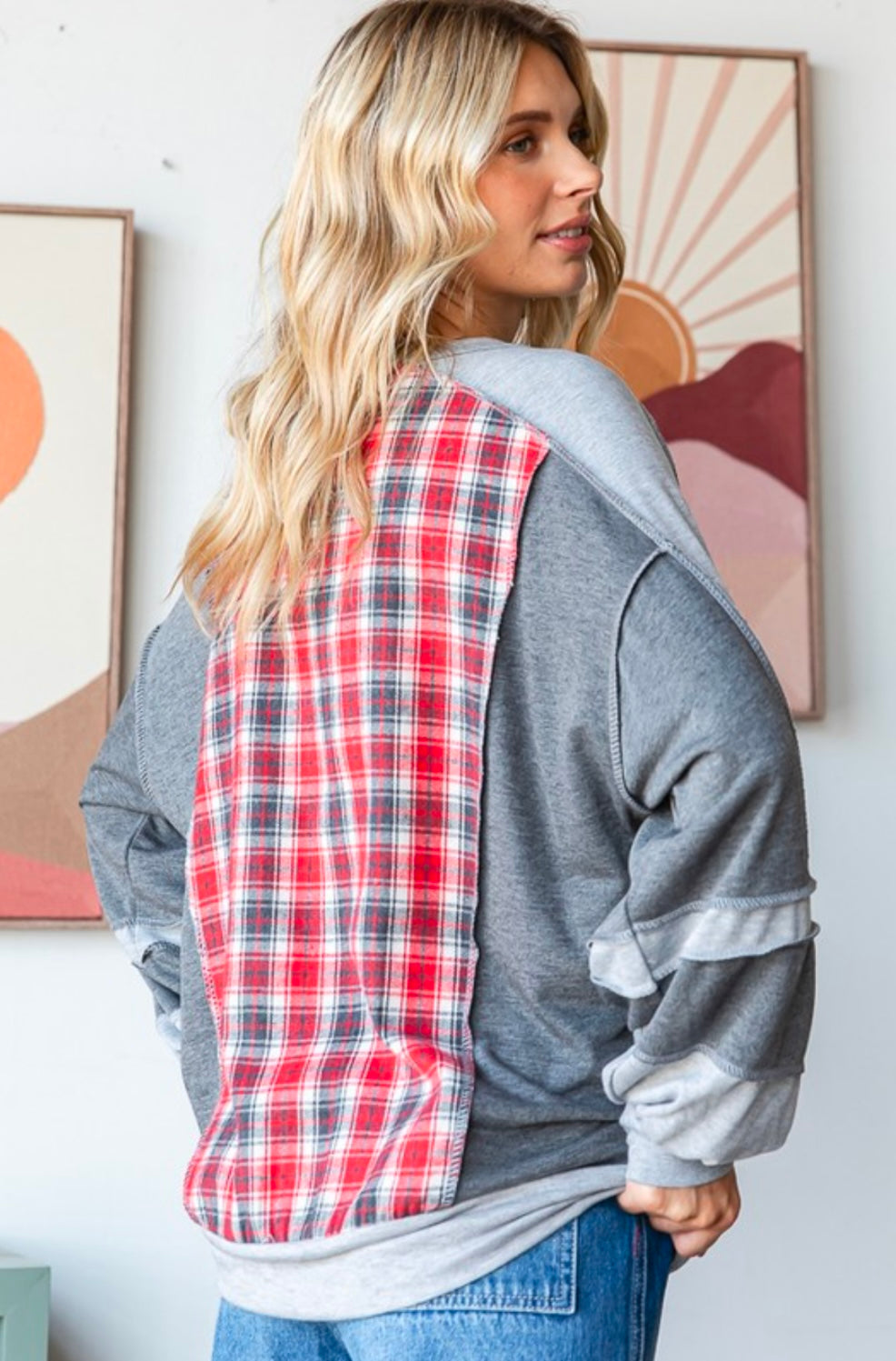 2 Tone Grey with Red Plaid Back