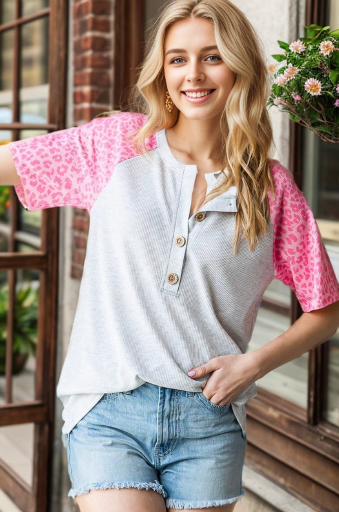 Pink / Heather Grey Leopard Sleeve