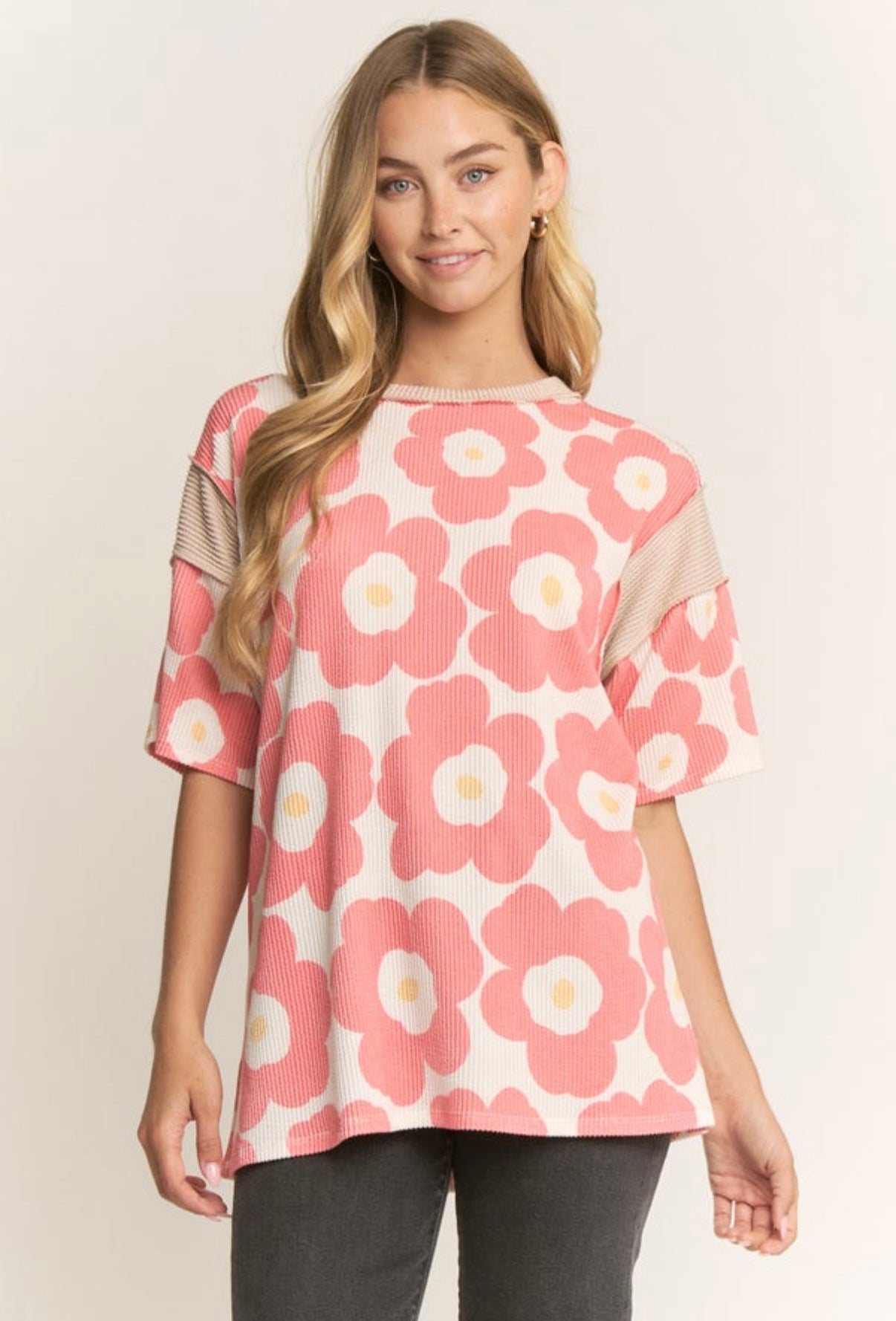 Coral Floral Ribbed Short Sleeve