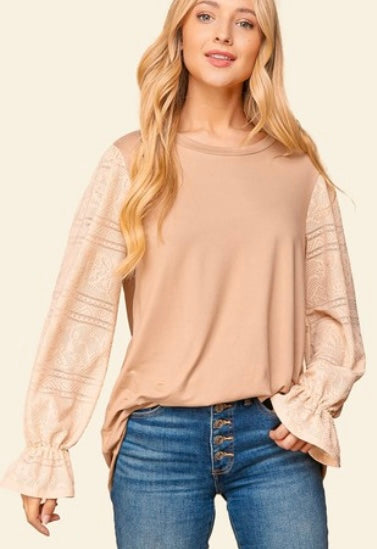 Taupe Lace Sleeve Knit Top