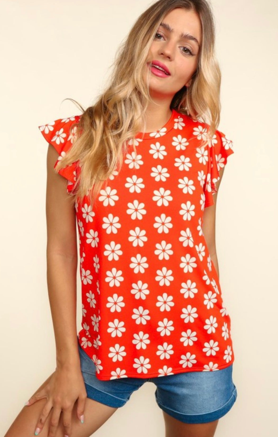 Coral Floral Ruffle Sleeve