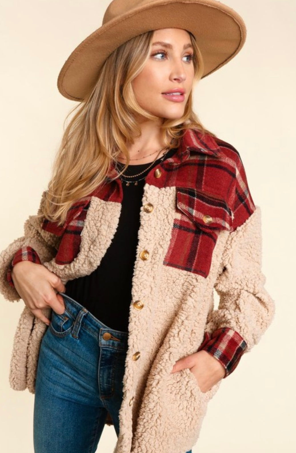 Taupe Plaid Sherpa Button Down