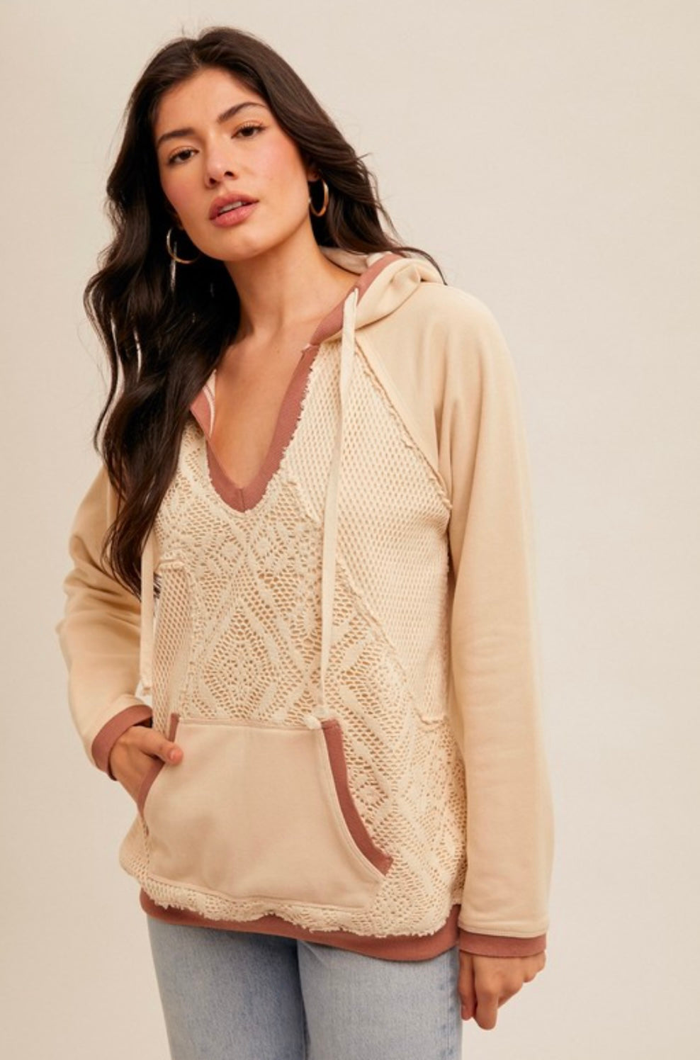 Cream Hoodie with Lace Detail