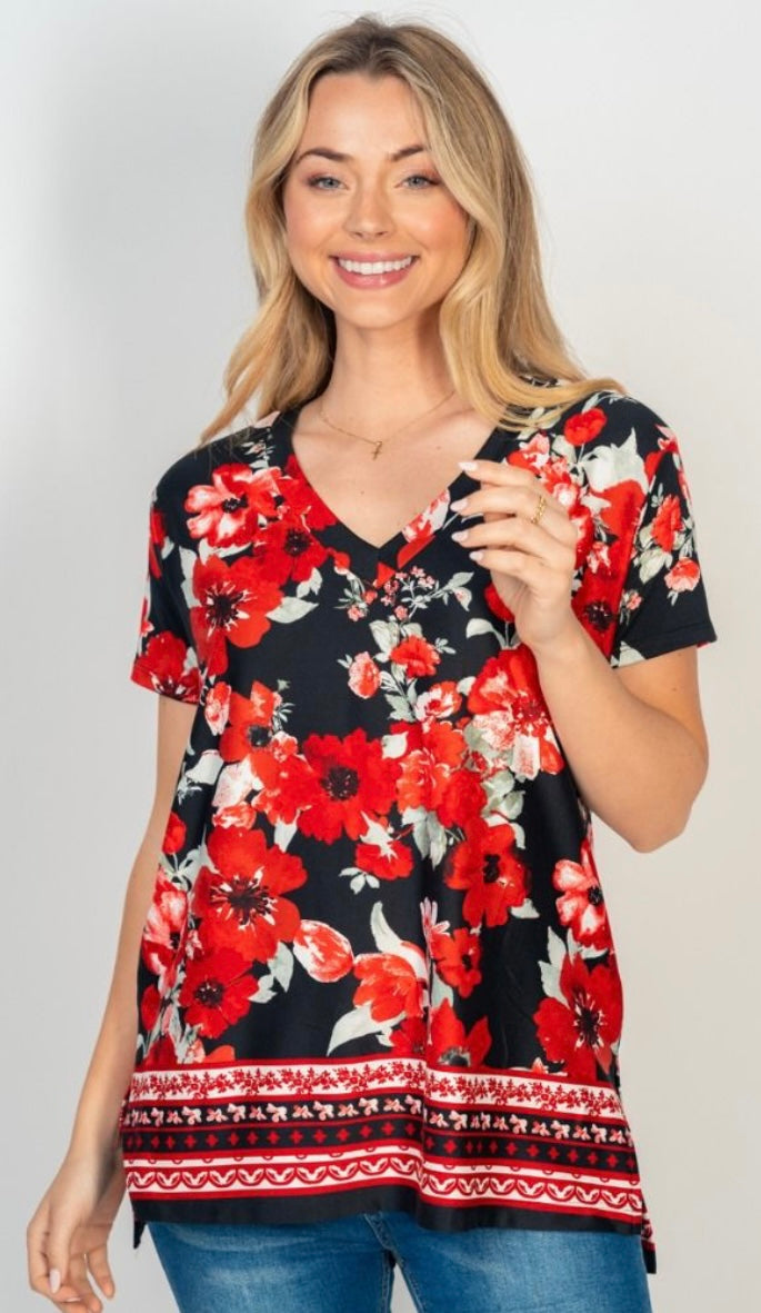 Red Floral V-Neck with Hi-Lo Hem