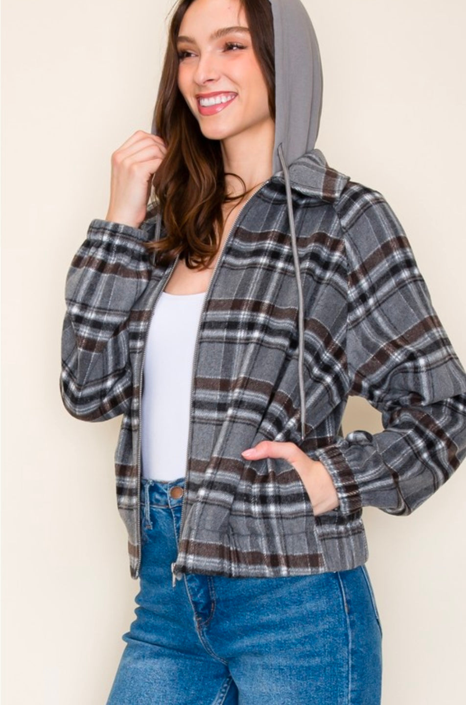 Charcoal Plaid Jacket With Hood