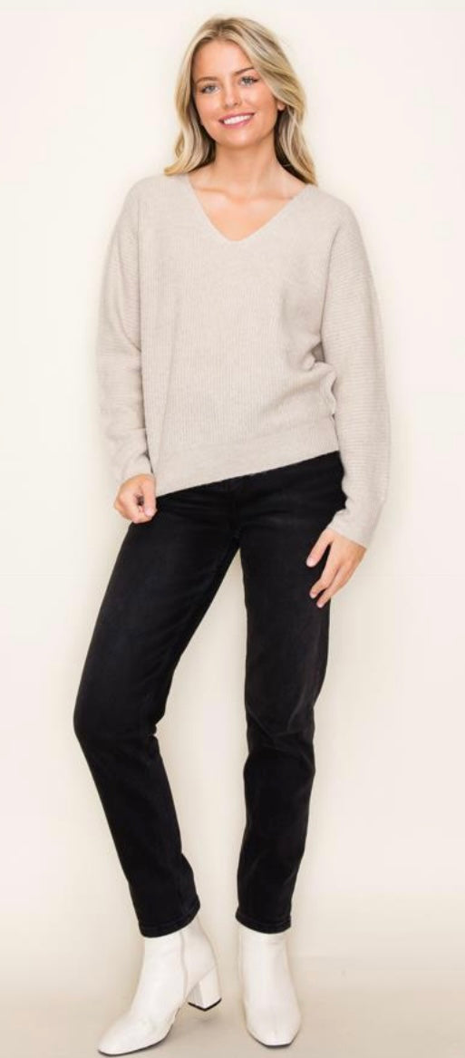 Oatmeal Ribbed V Neck Sweater