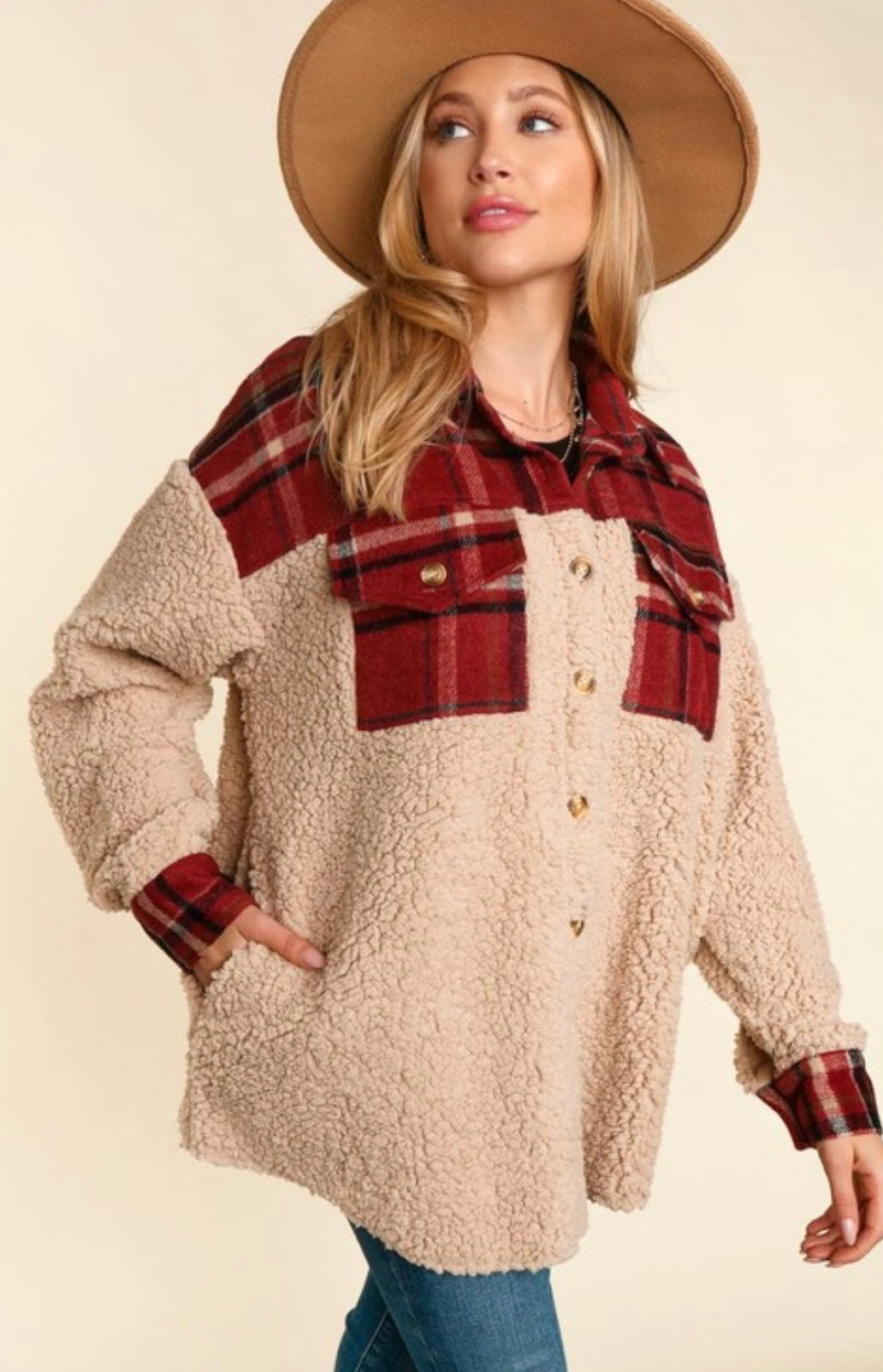 Taupe Plaid Sherpa Button Down
