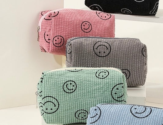 Smiley Corduroy Zipper Pouch (3 Colors)