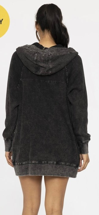 Black Mineral Wash Waffle Knit Zip Up