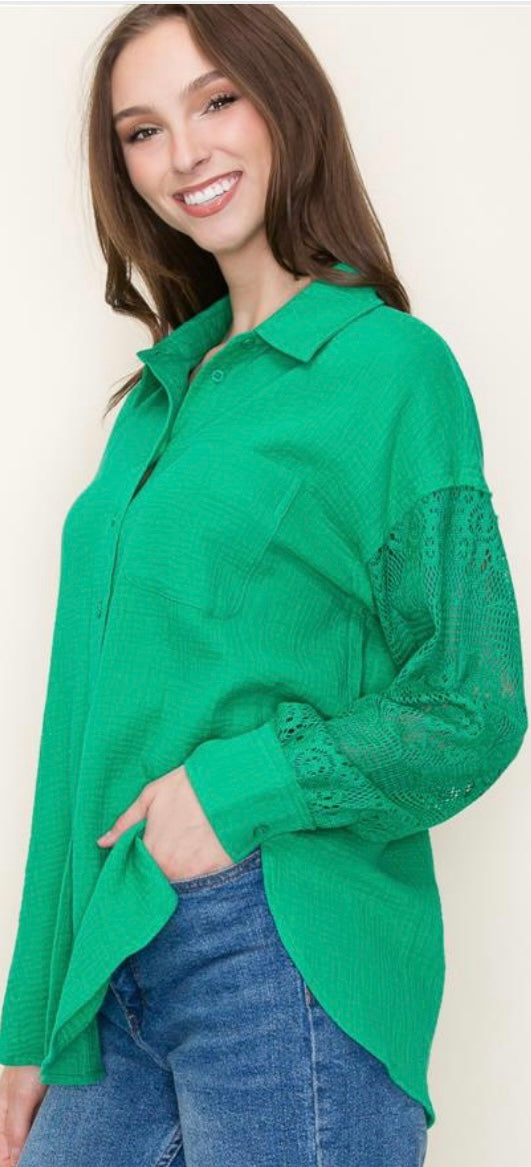 Staccato Kelly Green Gauze Button Up