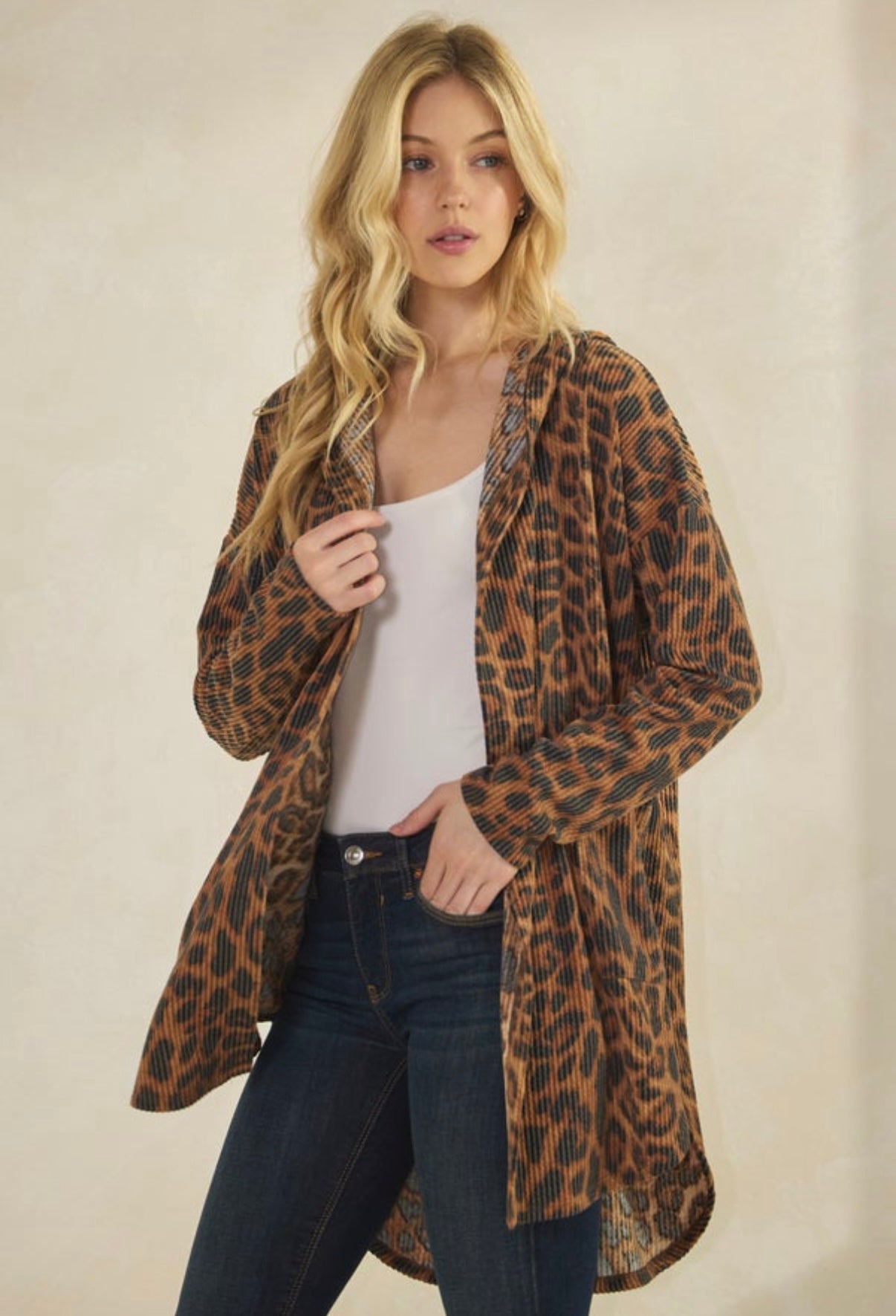 Brown Leopard Ribbed Hooded Cardigan