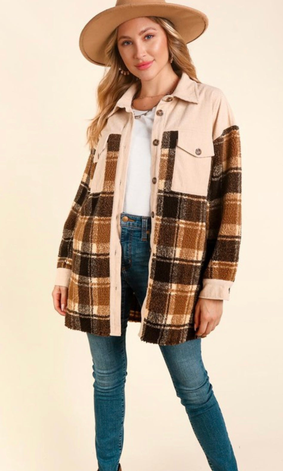 Neutral Colorblock Jacket with Corduroy Details