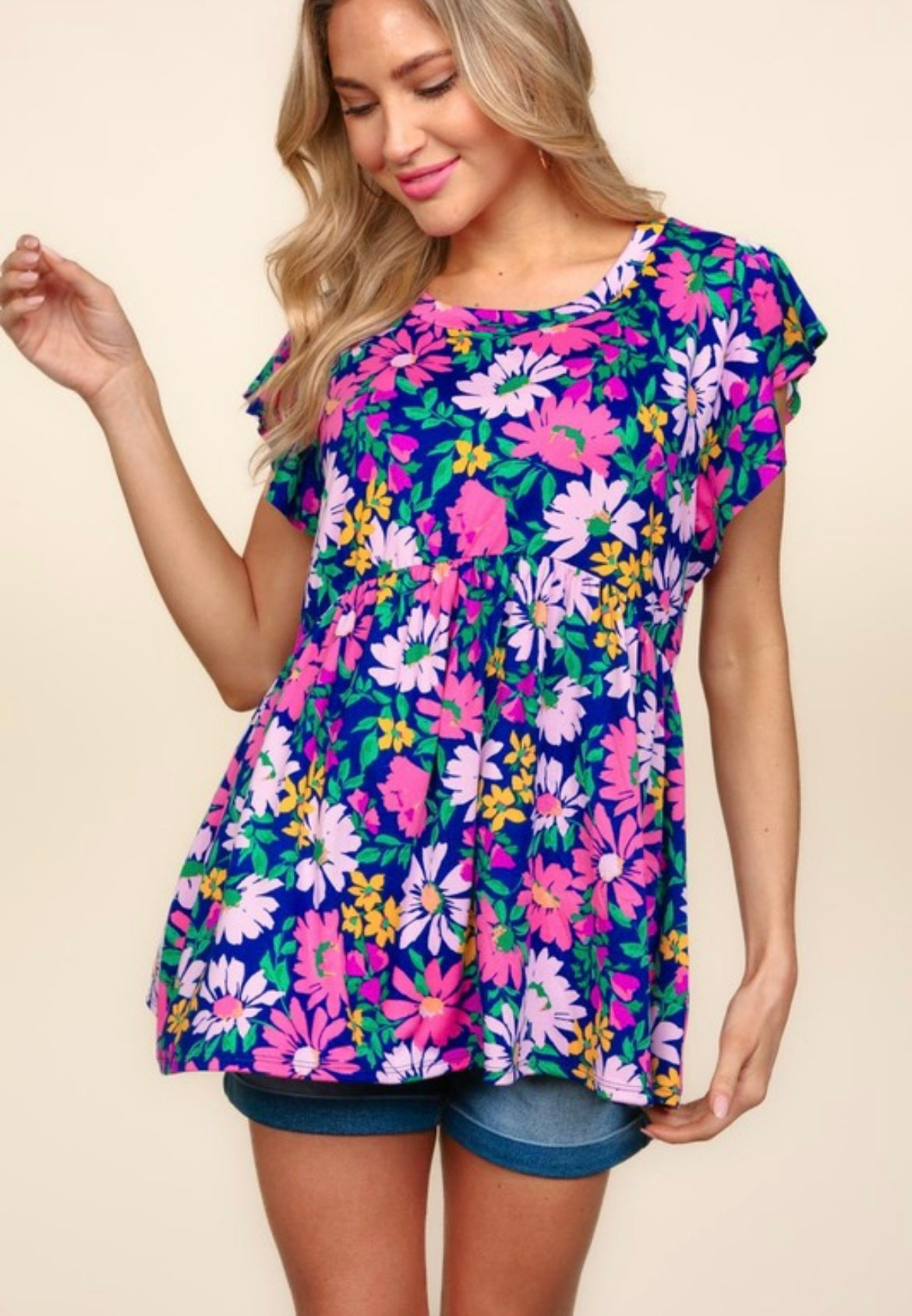 Navy Floral Peplum Ruffle Short Sleeve