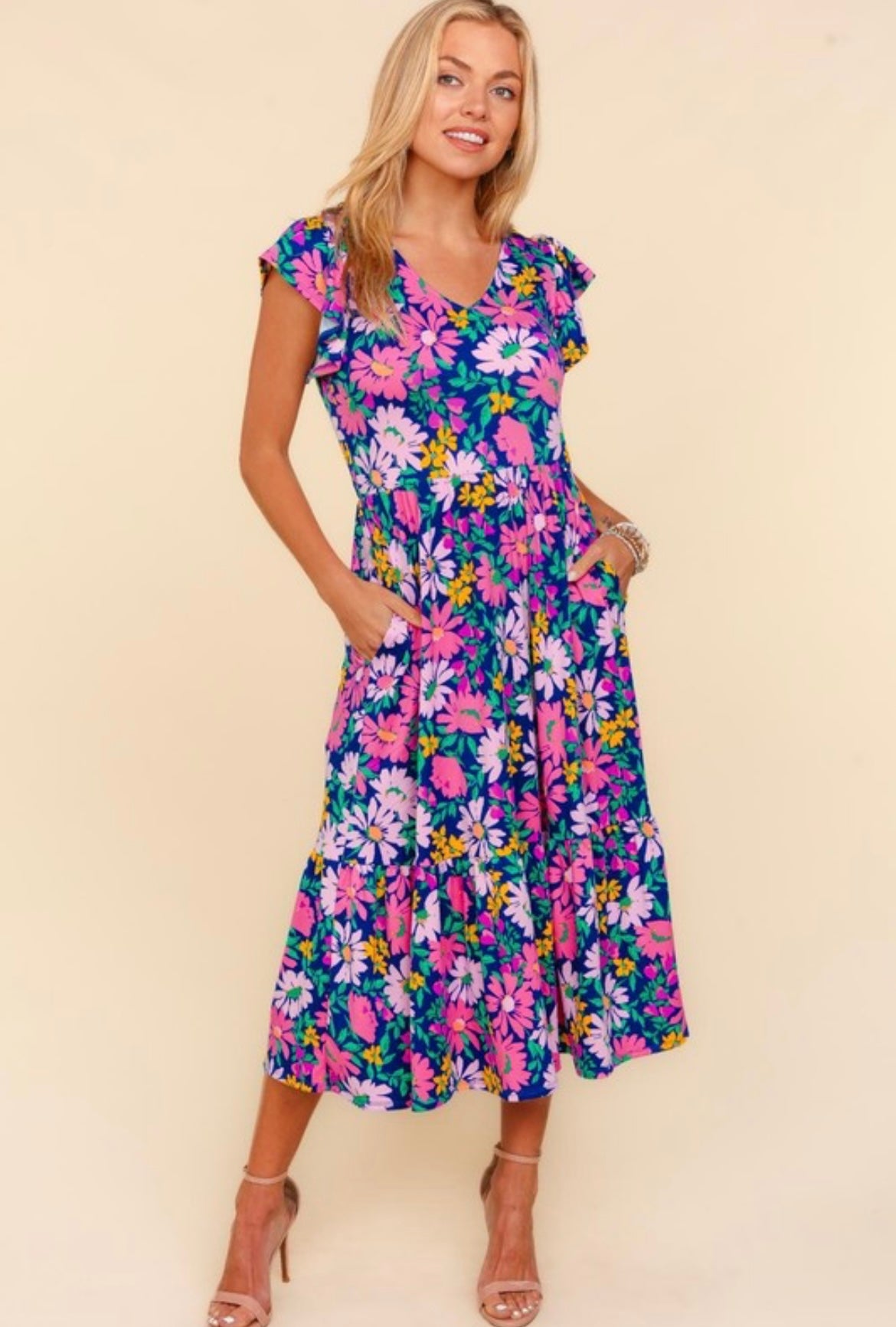 Navy Floral Midi Dress with Pockets