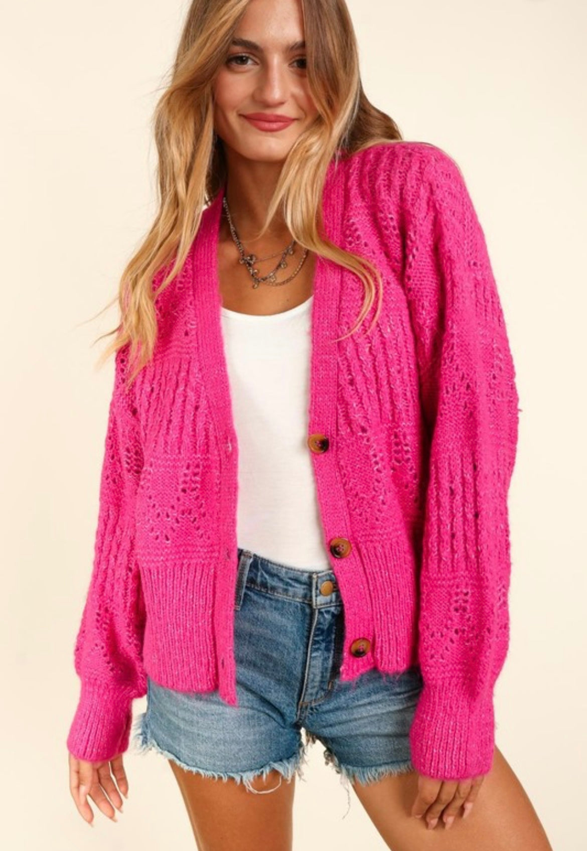 Fuchsia Knit Button Cardigan