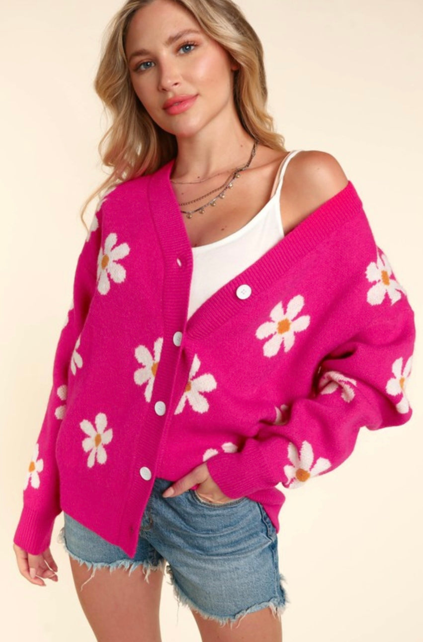 Fuchsia Daisy Button Sweater Cardigan