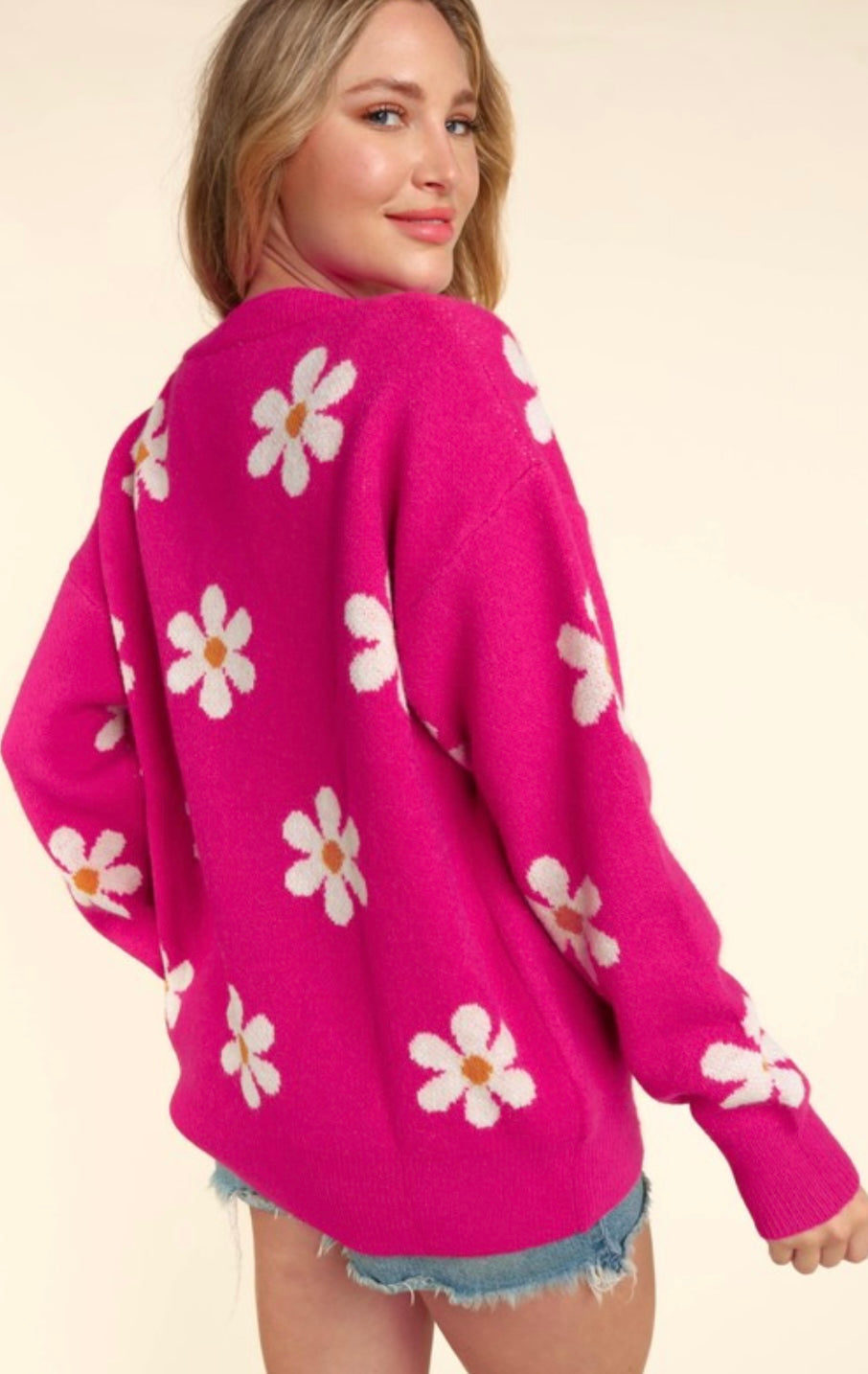 Fuchsia Daisy Button Sweater Cardigan