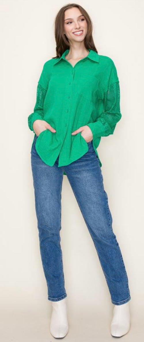 Staccato Kelly Green Gauze Button Up