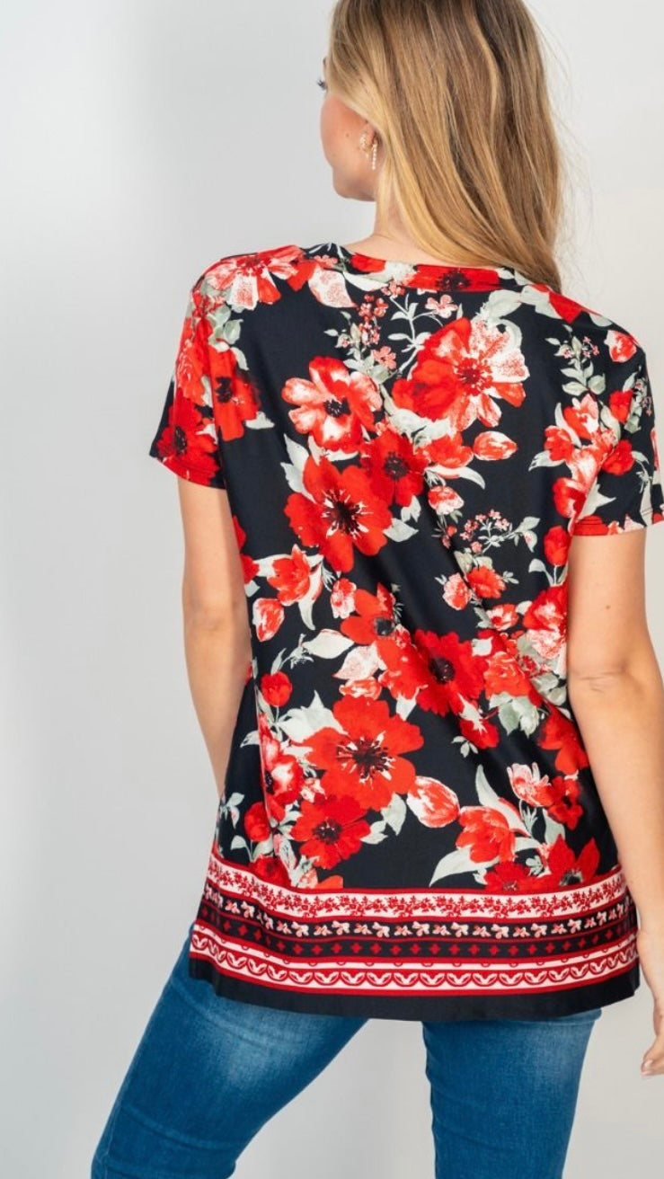 Red Floral V-Neck with Hi-Lo Hem