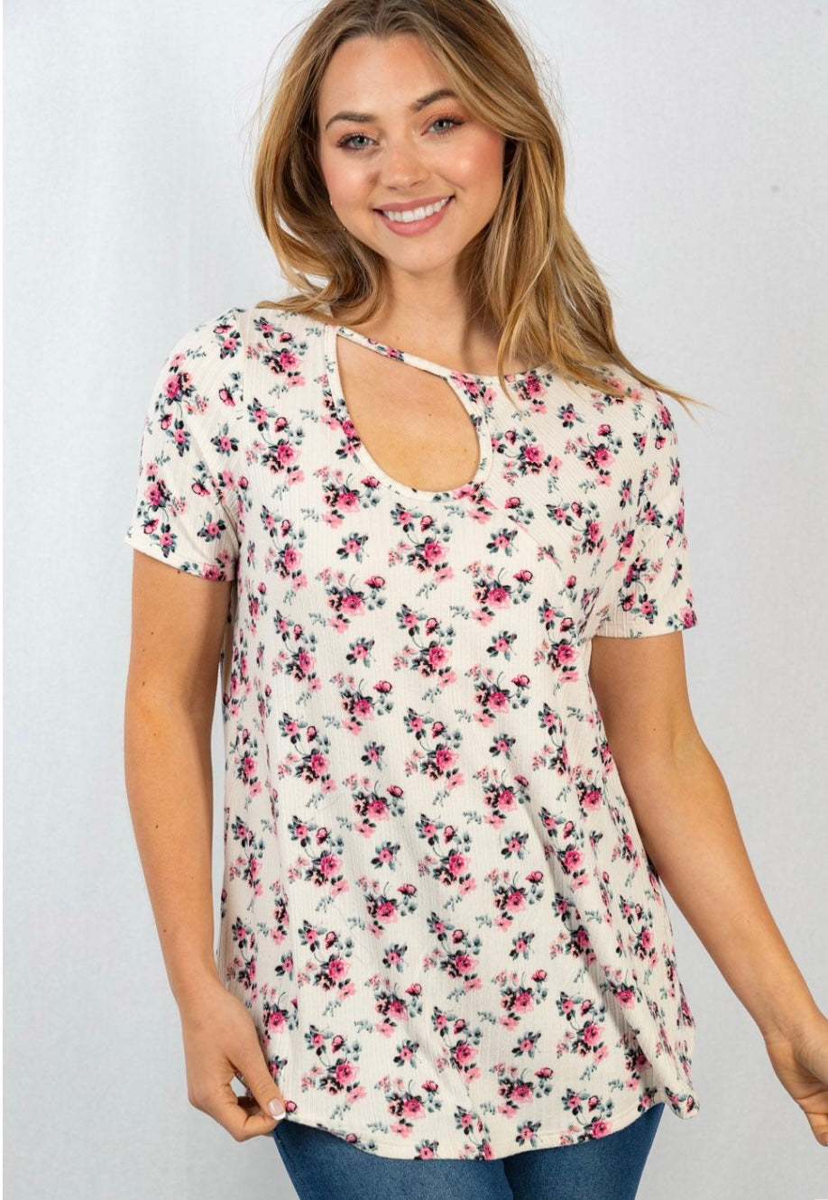 Ivory Floral Ribbed Cut Out Top