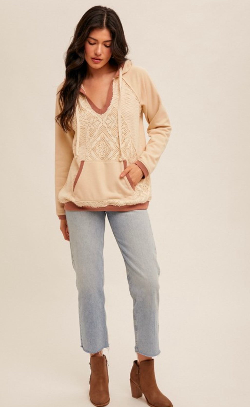 Cream Hoodie with Lace Detail