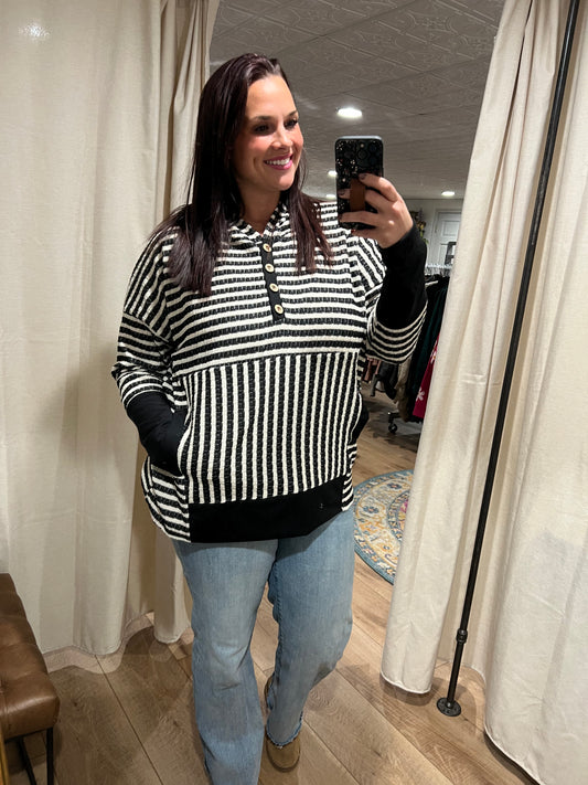 Black / Cream Striped Textured Hoodie