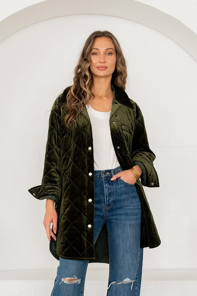 Olive Velvet Bomber Coat