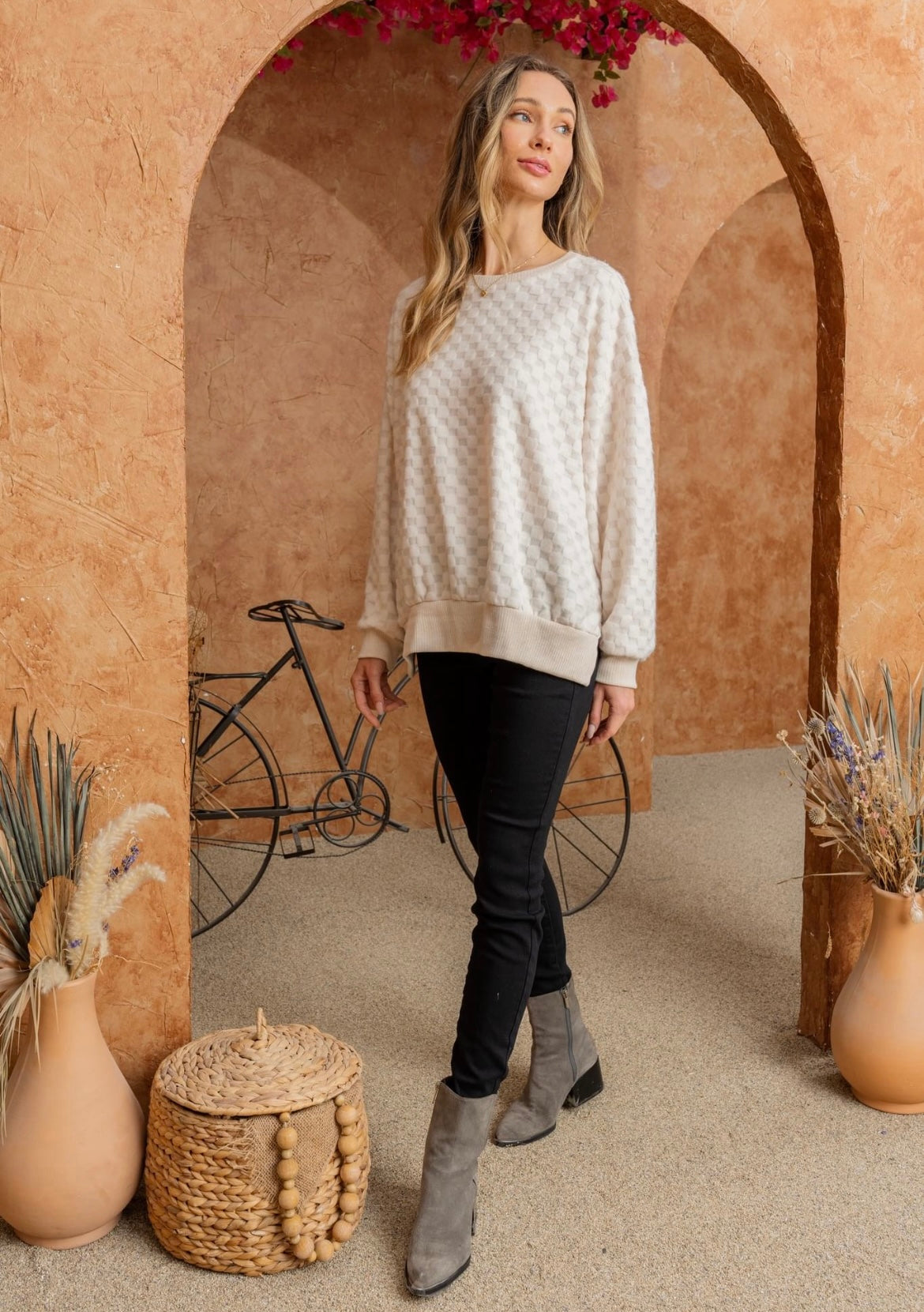 Cream Checkered Crewneck