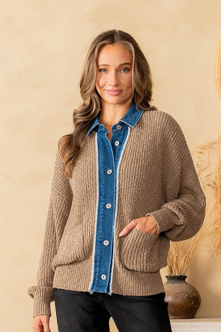 Mocha Cardigan with Denim Accents