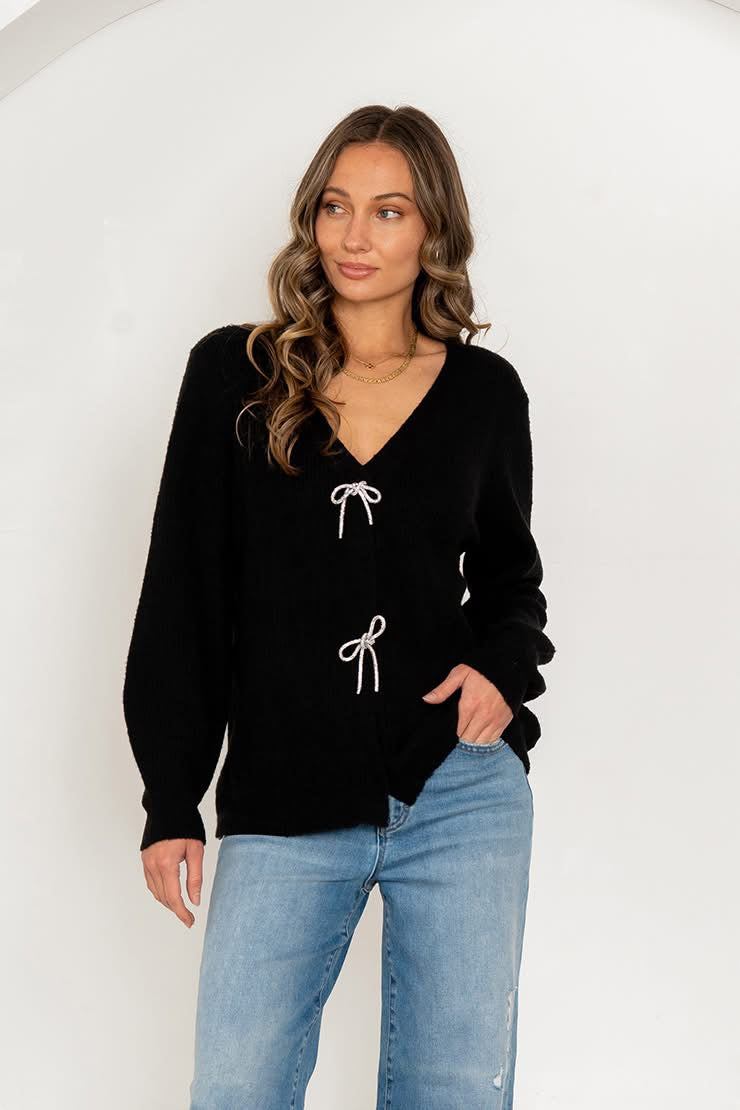 Black Cardigan with Crystal Bows
