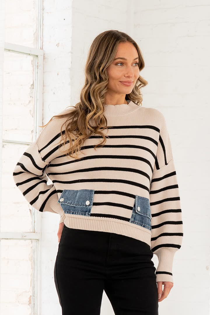 Ivory / Black Sweater with Denim Pockets