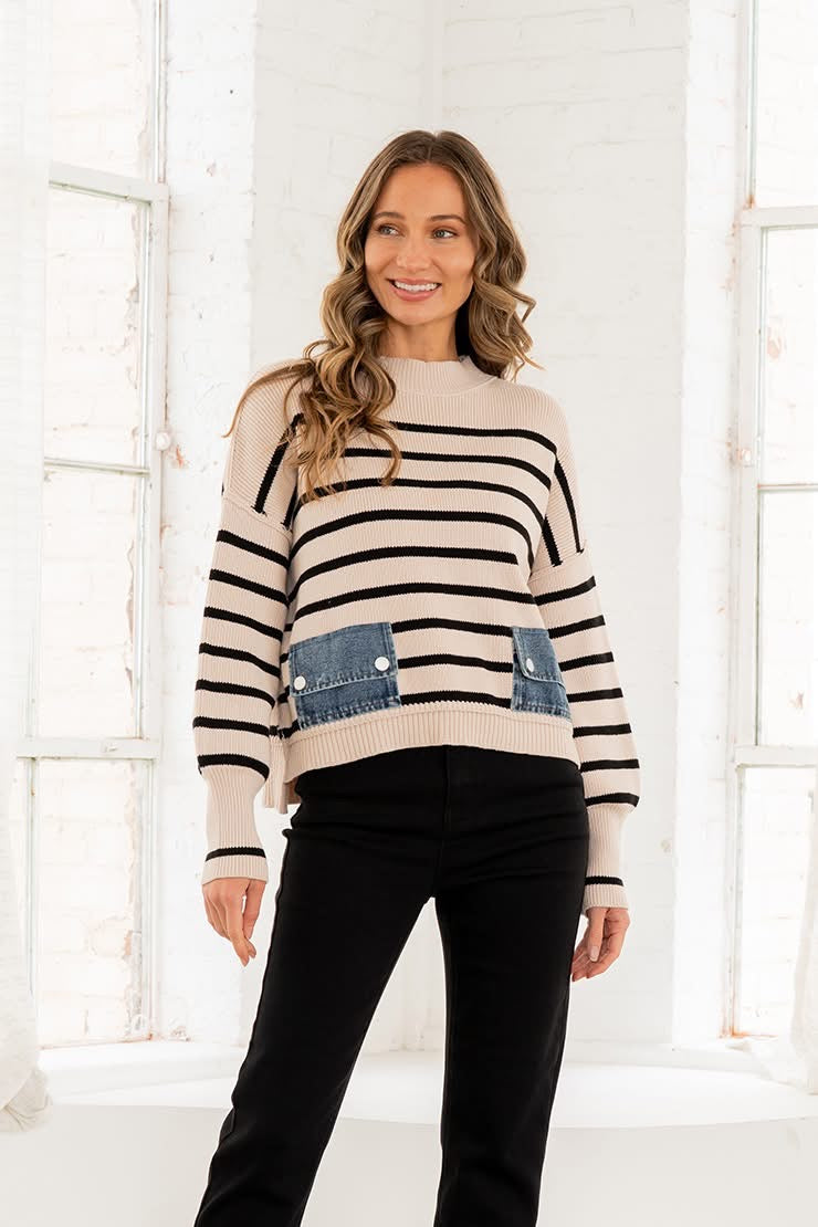 Ivory / Black Sweater with Denim Pockets