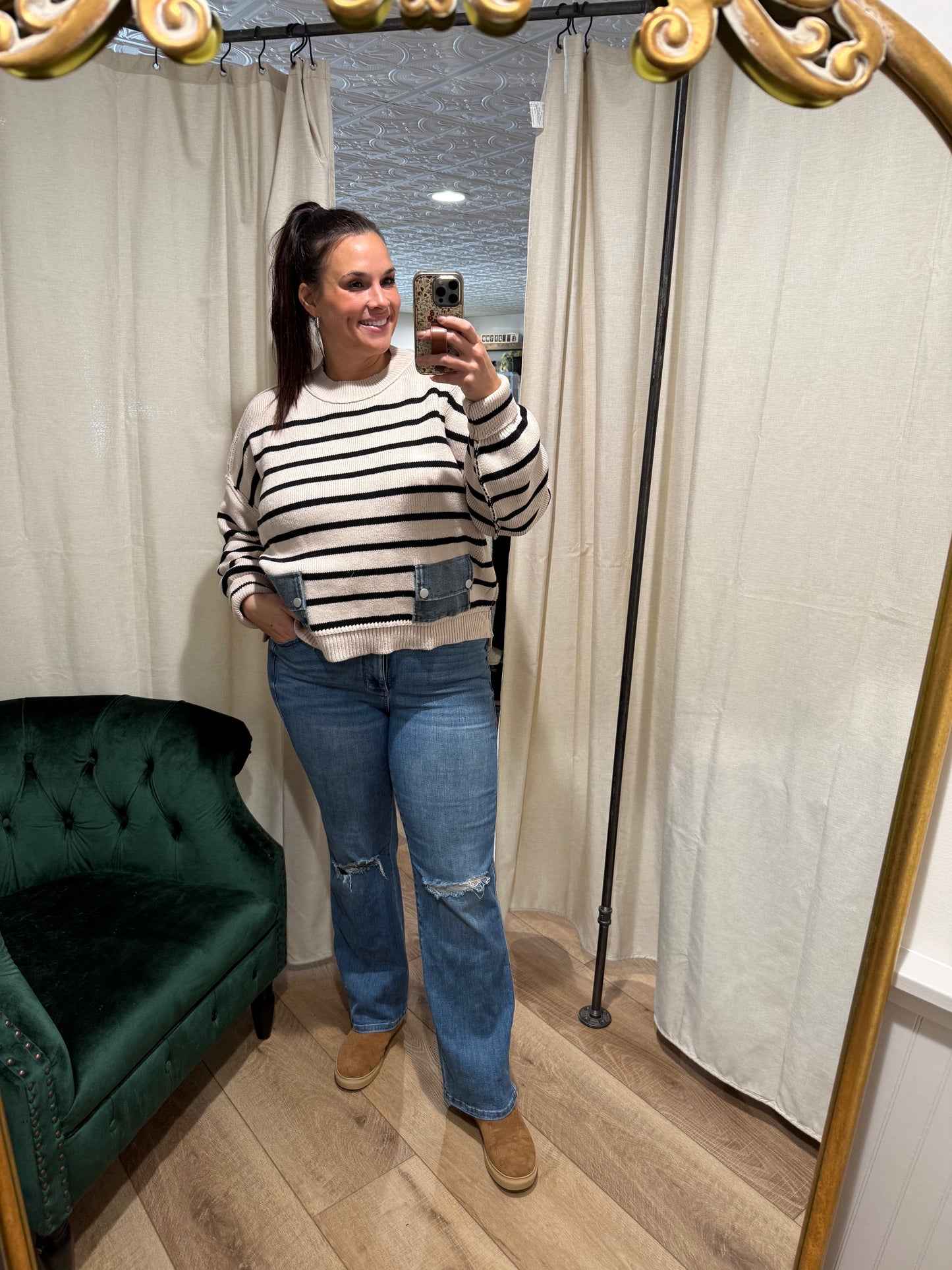 Ivory / Black Sweater with Denim Pockets