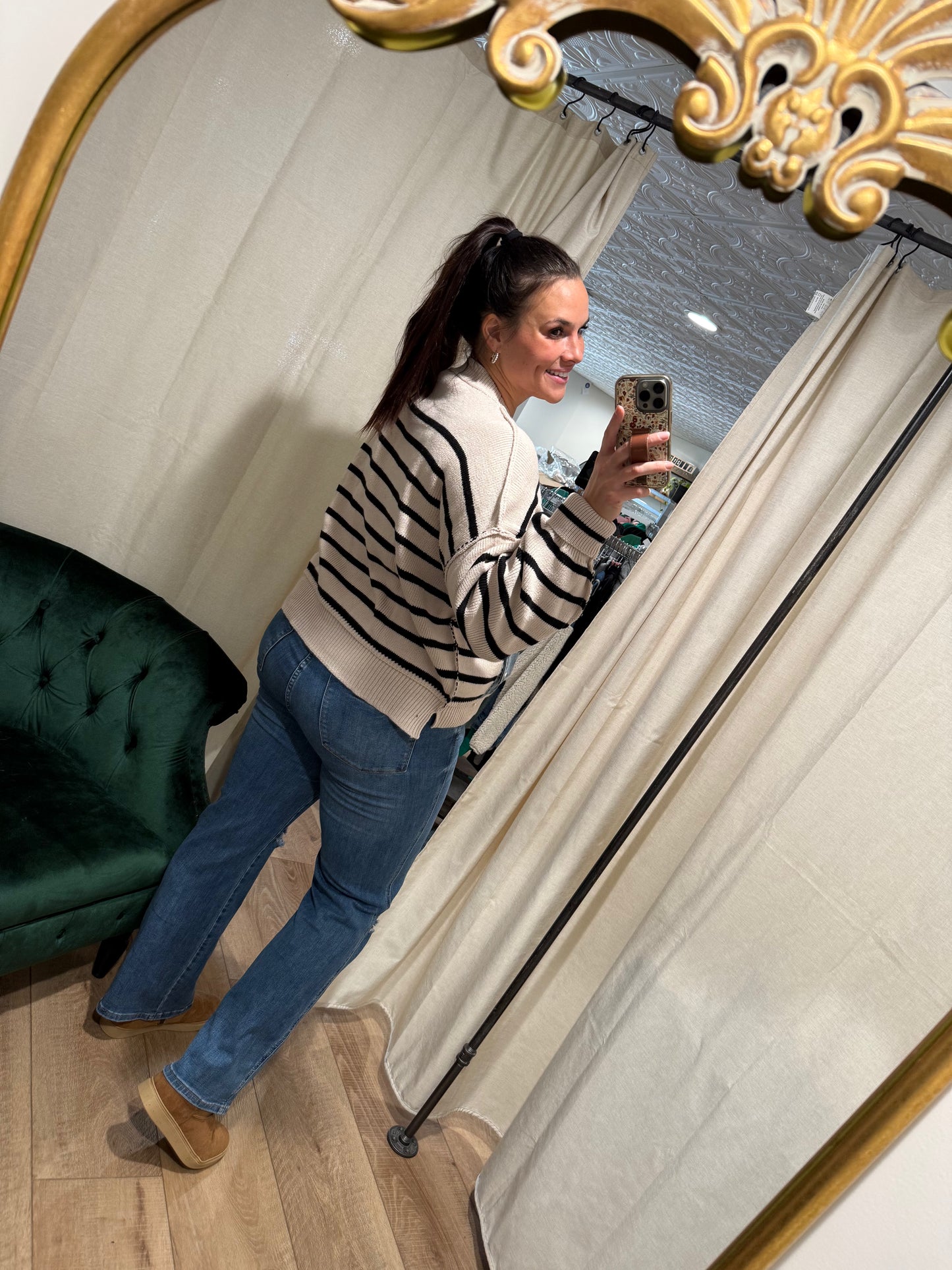 Ivory / Black Sweater with Denim Pockets