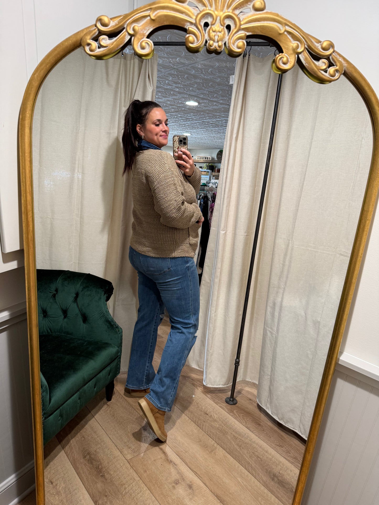 Mocha Cardigan with Denim Accents