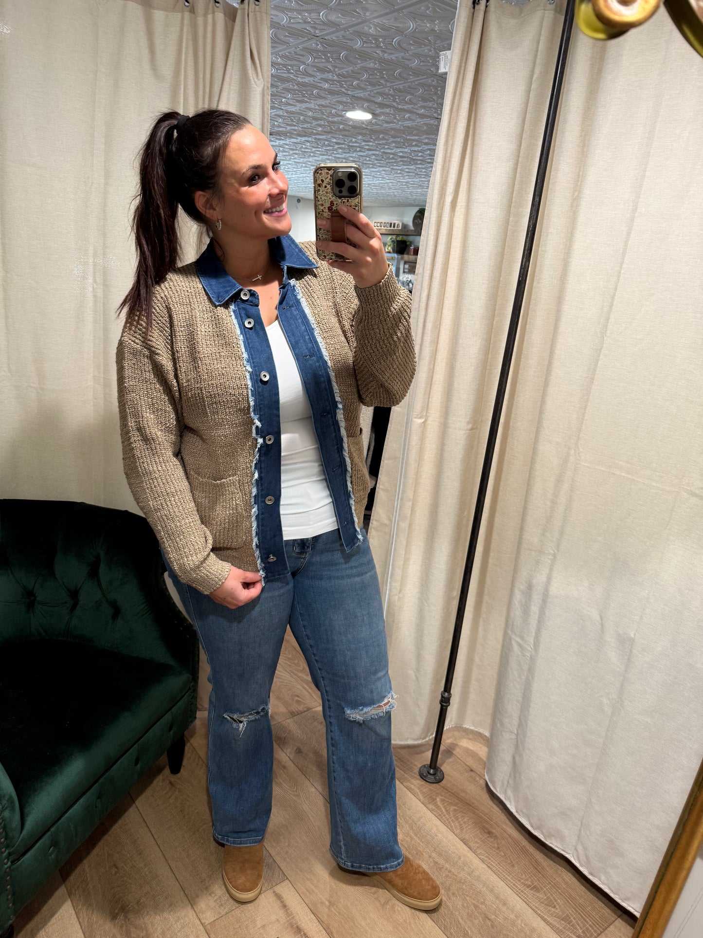 Mocha Cardigan with Denim Accents