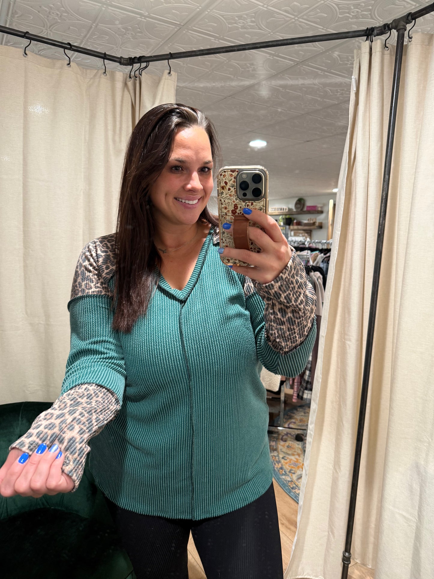 Hunter Green / Leopard Ribbed Long Sleeve