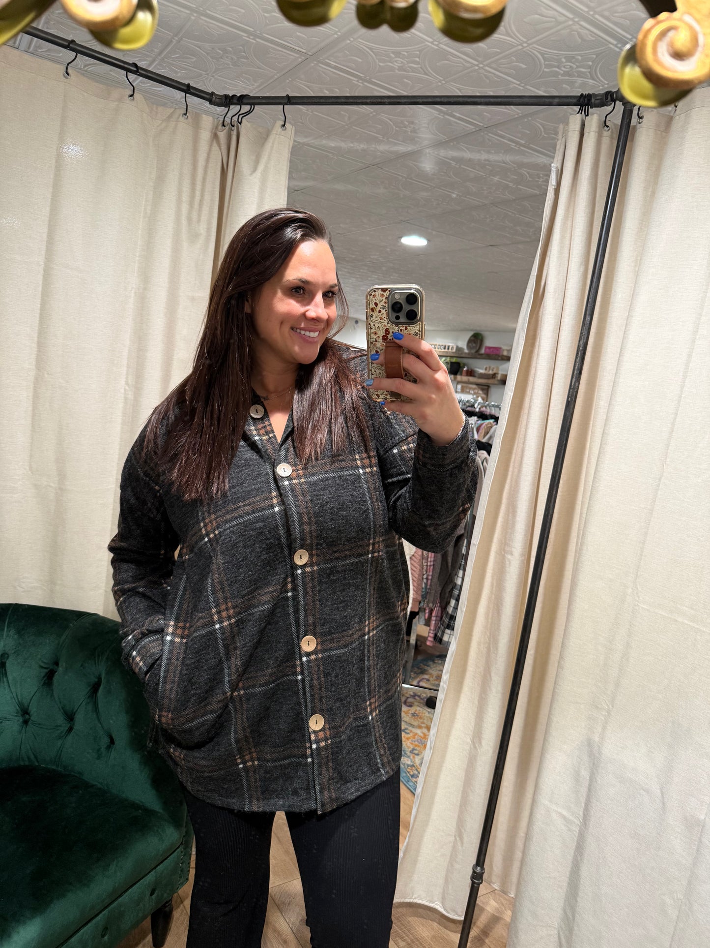 Charcoal Plaid Shacket with Pockets & Hood