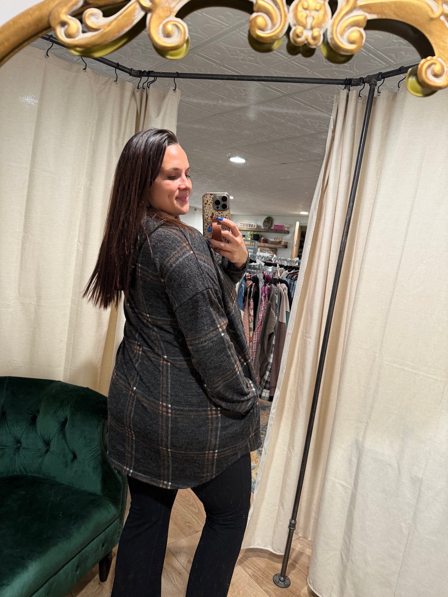 Charcoal Plaid Shacket with Pockets & Hood